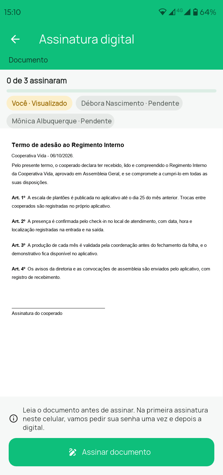 Documento aberto para assinatura no aplicativo do cooperado