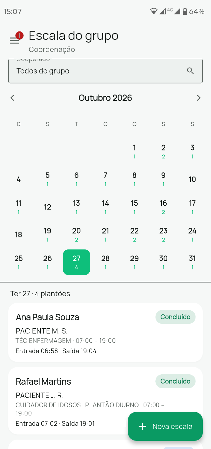 Escala do grupo na tela do coordenador, no aplicativo